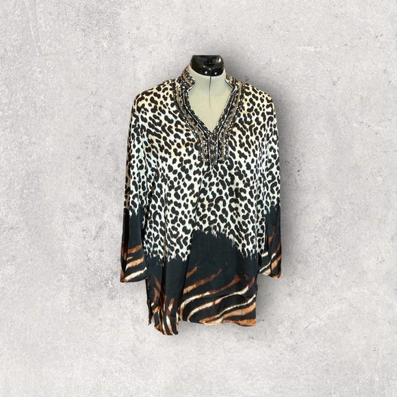 NWT Chico’s Embellished mixed animal print tunic size 2 - Picture 1 of 8